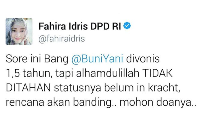 Fahira Idris Dukung Buni Yani dan Tim Kuasa Hukum Ajukan Banding