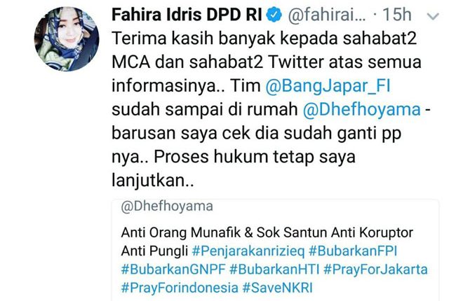 Fahira Idris Muslim Cyber Army Telusuri Jejak Digital @dhefhoyama